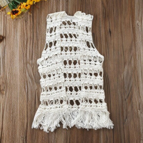 NEW Hand Knit Tasseled Open Front Long Boho Vest in White  SZ M - Picture 1 of 9